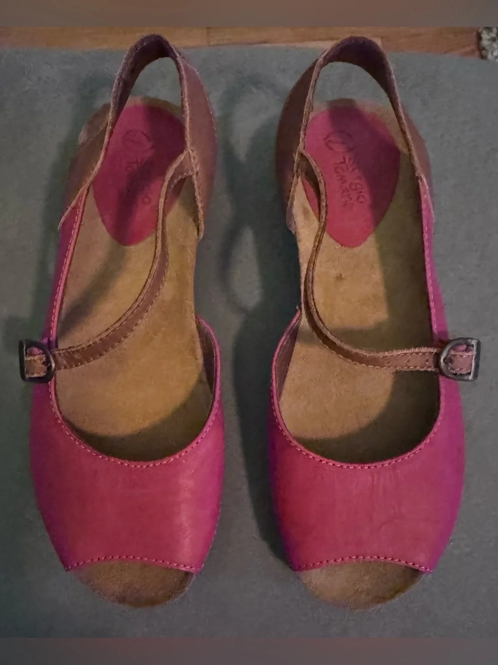 Sergio Tomani “Donna” Red Leather Low Wedge Shoe , Peep Toe and Tan Buckle Strap